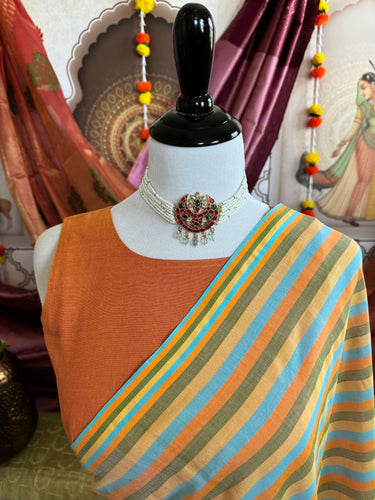 Ready To Wear Saree Blouse | Handwoven Cotton | Size 34 | Orange | Boat Neck | Free Shipping | Ships from California